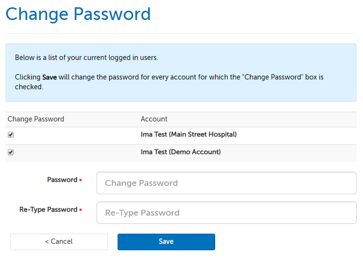 Change password page; two fields to enter the password twice.