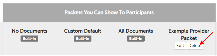 Arrow pointing to "Delete" button below the packet name "Initial Documents"