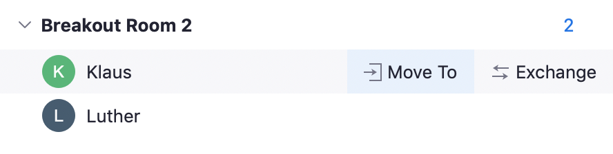 Example of Move To and Exchange options for assigning participants to breakout rooms