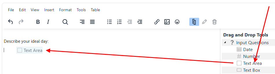 Arrow pointing to Text Area option and then its placement